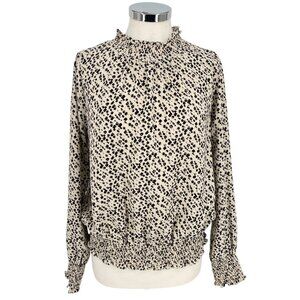 THML Brush Animal Print Smocked Ruffle Blouse Ivory Black Size Medium